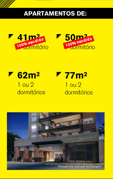 Apartamentos de 41(vendidos), 50(vendidos), 62 e 77 metros quadrados.
