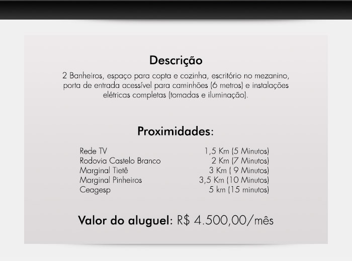 Descrição e Proximidades | Valor do aluguel
