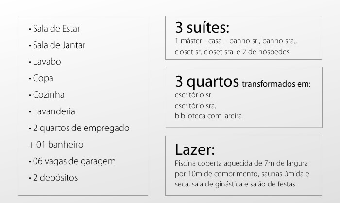  | Lazer | 3 quartos | 3 quartos transformados em escrirório (sr e sra) e Biblioteca com lareira.