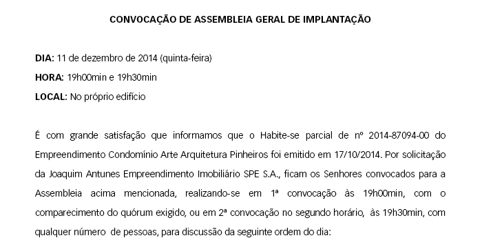 Convocação de Assembleia Geral de Implantação 