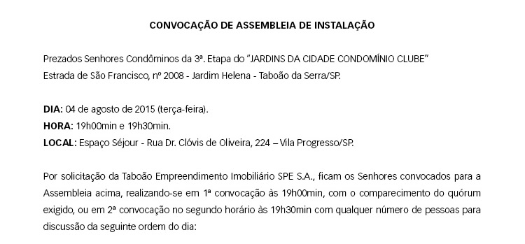 Convocação de assembleia de instalação