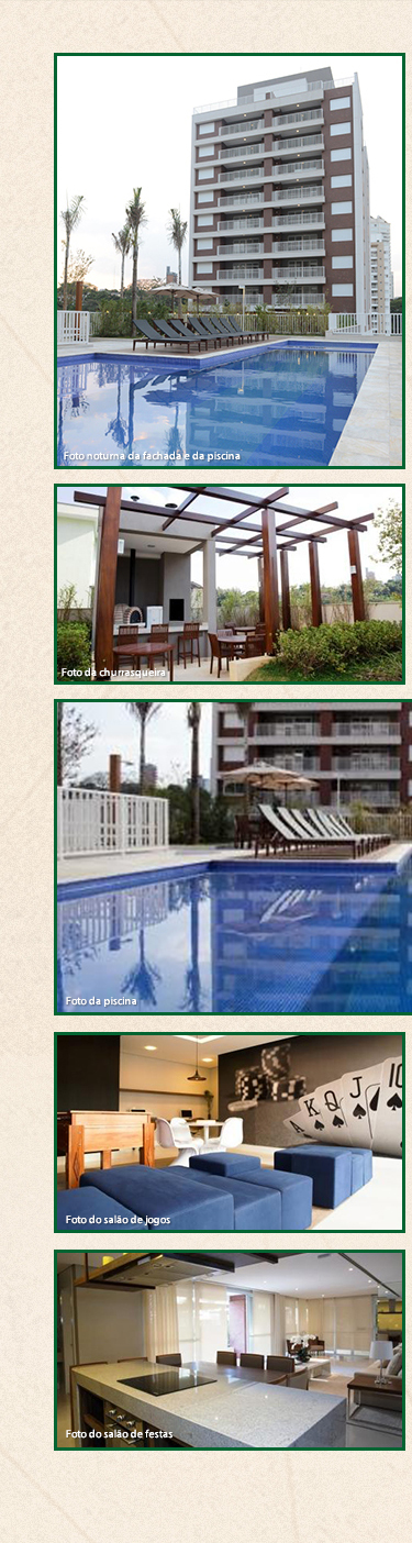 Mosaico de fotos das áreas de lazer do empreendimento