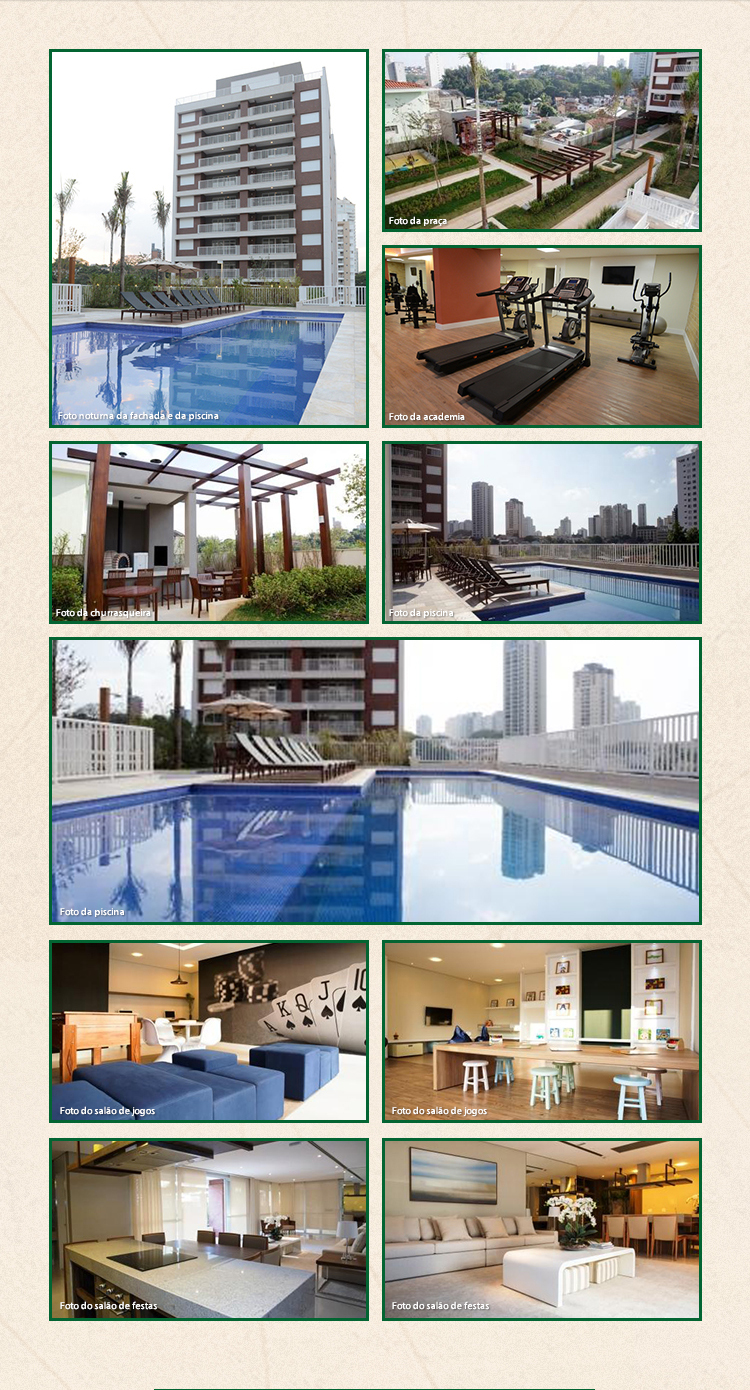 Mosaico de imagens das áreas de lazer do empreendimento