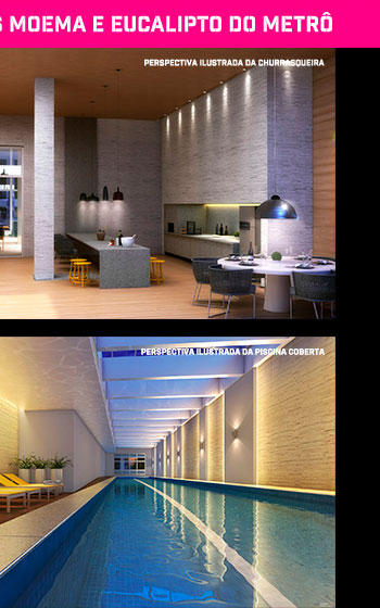 Perspectiva ilustrada da churrasqueira e piscina coberta