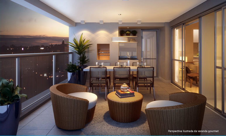Perspectiva ilustrada da varanda gourmet